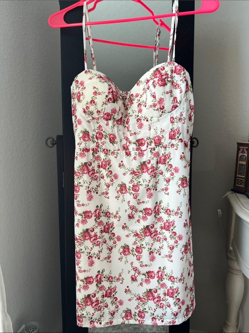 White Floral Bustier Mini Dress with Pink Rose Print